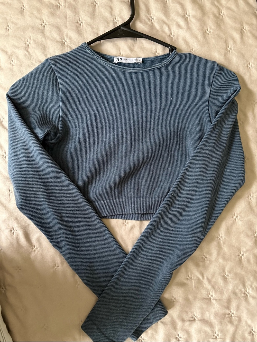 Zara Slate Blue Ribbed Cropped Long-Sleeve Top